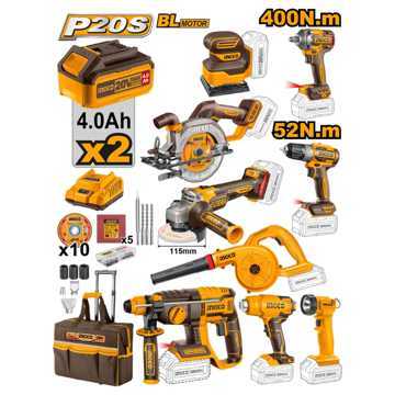 Picture of LITHIUM-ION 20V CORDLESS INDUSTRIAL 9 PIECE POWER TOOL COMBO KIT:
INCLUDES CIRCULAR SAW, ROTARY HAMMER, ANGLE GRINDER, BRUSHLESS CORDLESS
IMPACT DRILL, SHEET SANDER, HEAT GUN, WORK LAMP, BLOWER, IMPACT WRENCH
400Nm AND ACCESSORIES PACKED IN A CANVAS BAG INGCO


