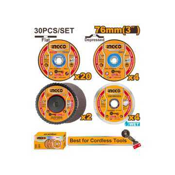 Picture of CUTTING & GRINDING SET: 20 METAL CUTTING DISCS, 4 METAL GRINDING DISCS, 4 WET DIAMOND DISCS & 2 FLAP DISCS 76MM Q:30 INGCO