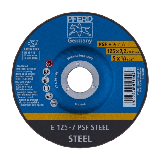 Picture of GRINDING DISC DIY GRADE (PSF) DEPRESSED CENTRE (E) STEEL 125 X 7.0MM
PFERD