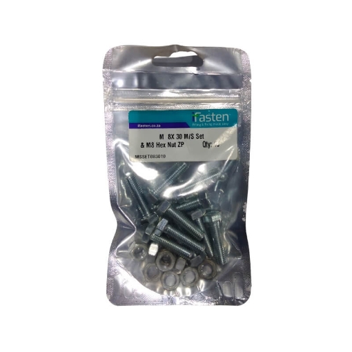 Picture of NUT 8MM & BOLT 30MM MILD STEEL ZINC PLATED Q:10 IFASTEN