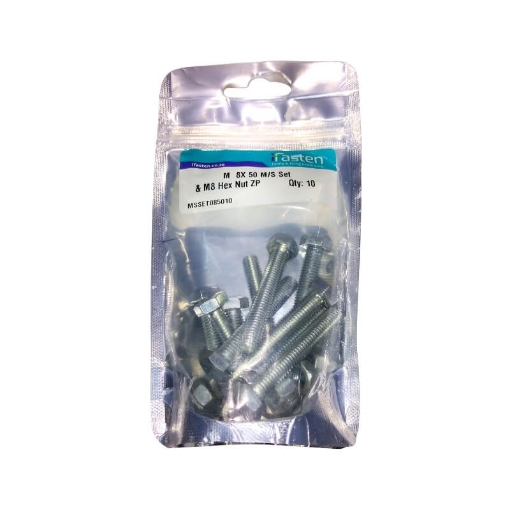 Picture of NUT 8MM & BOLT 50MM MILD STEEL ZINC PLATED Q:10 IFASTEN